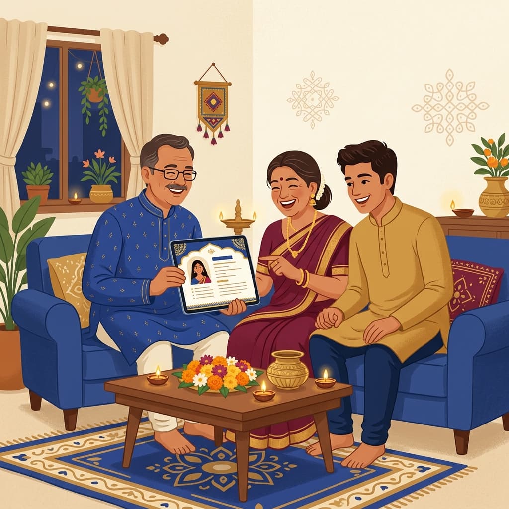 Indian family creating a marriage biodata together